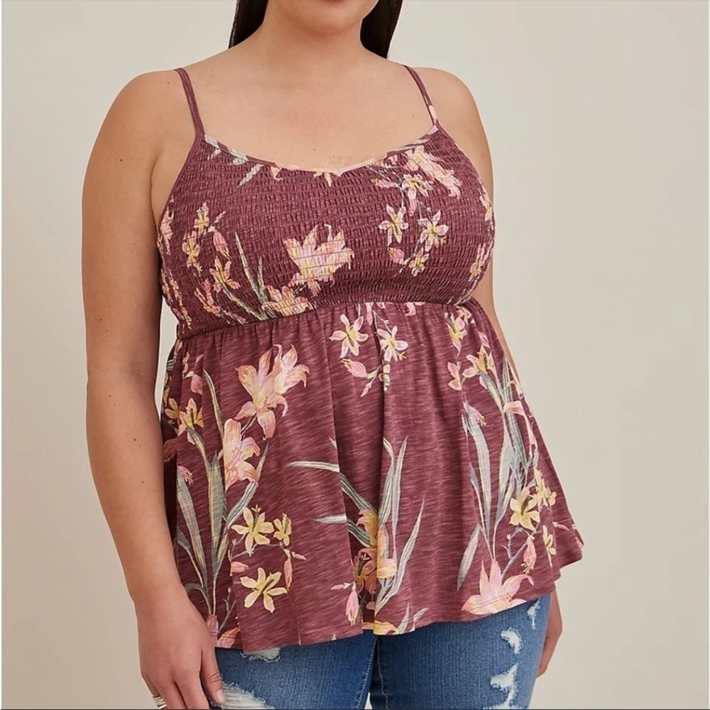 Torrid- NWT Smocked Babydoll Tank in Floral Dusty Red- 3X